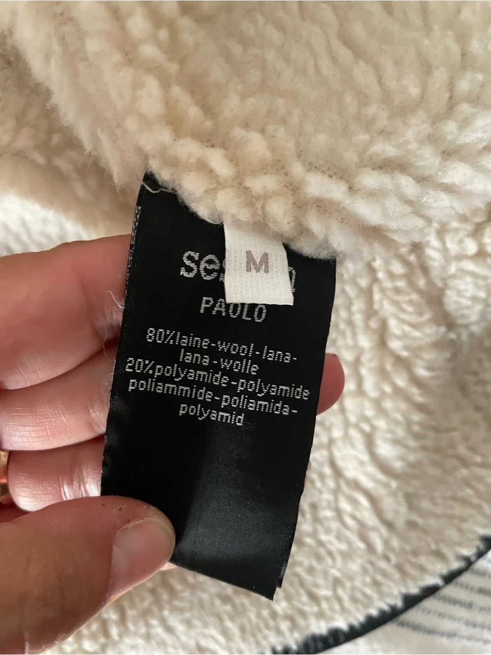 Sessun Wool Sherpa Coat, leather trim, size medium
